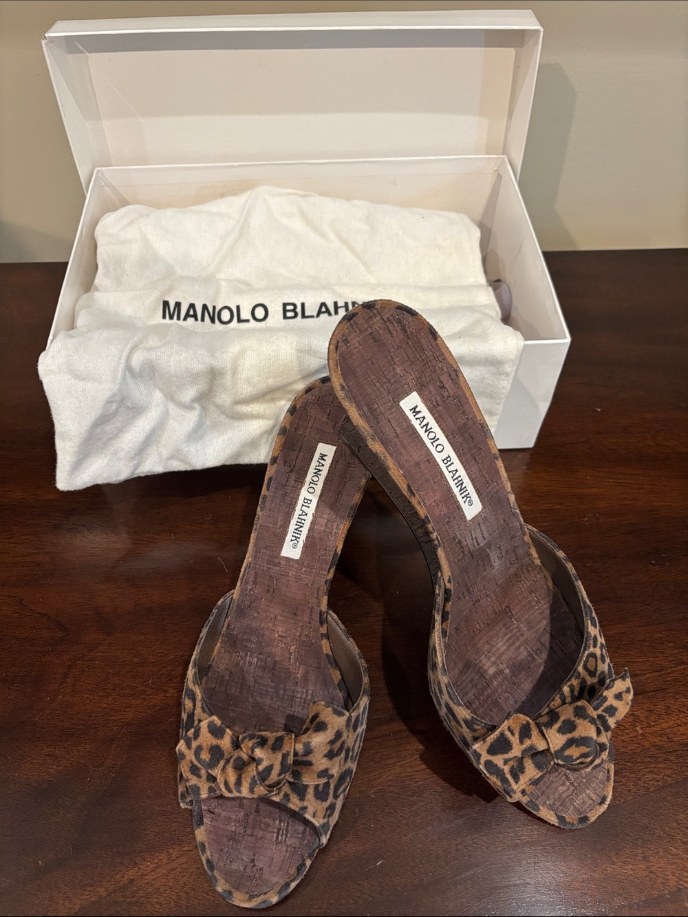 Manolo Blahnik Leopard Print Open-Toe Slide Heels - Brown/Tan